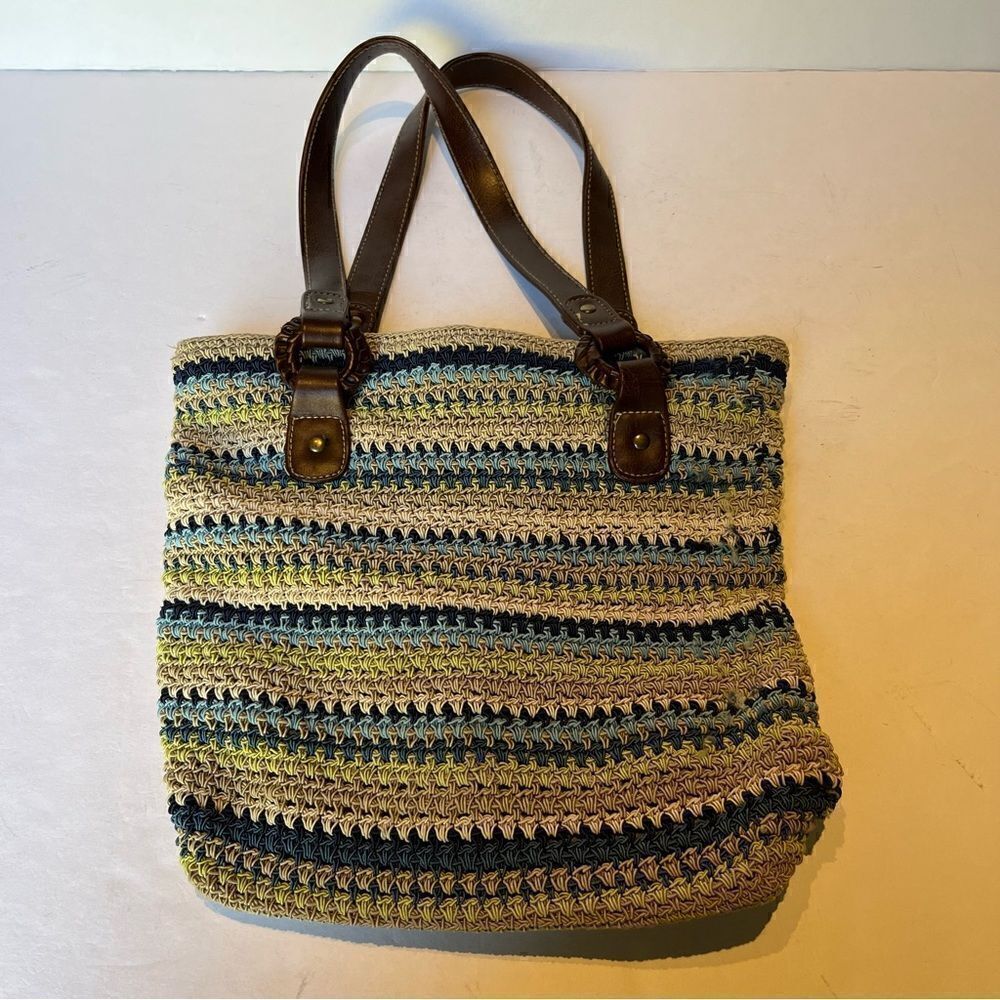 Woven Tote Medium Size Blue/Green/Taupe Zip close, leather handles